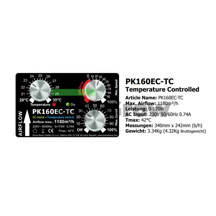 Primaklima Rohrventilator PK160EC TC mit Controller 1180m3 | Top-Grow