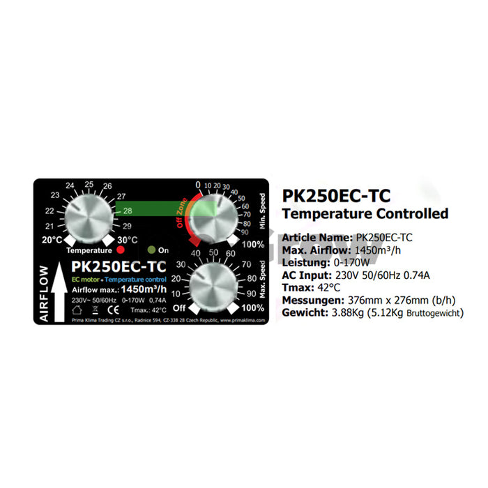 Primaklima Rohrventilator PK250EC TC mit Controller 1450m3